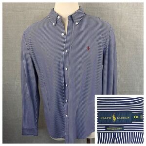 Ralph Lauren Mens XXL‎ Knit Dress Shirt Blue White Striped Long Sleeve